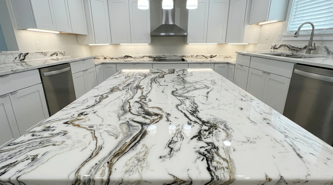 Large residential kitchen island featuring a custom artistic epoxy countertop with metallic accents and a heat-resistant protective topcoat.