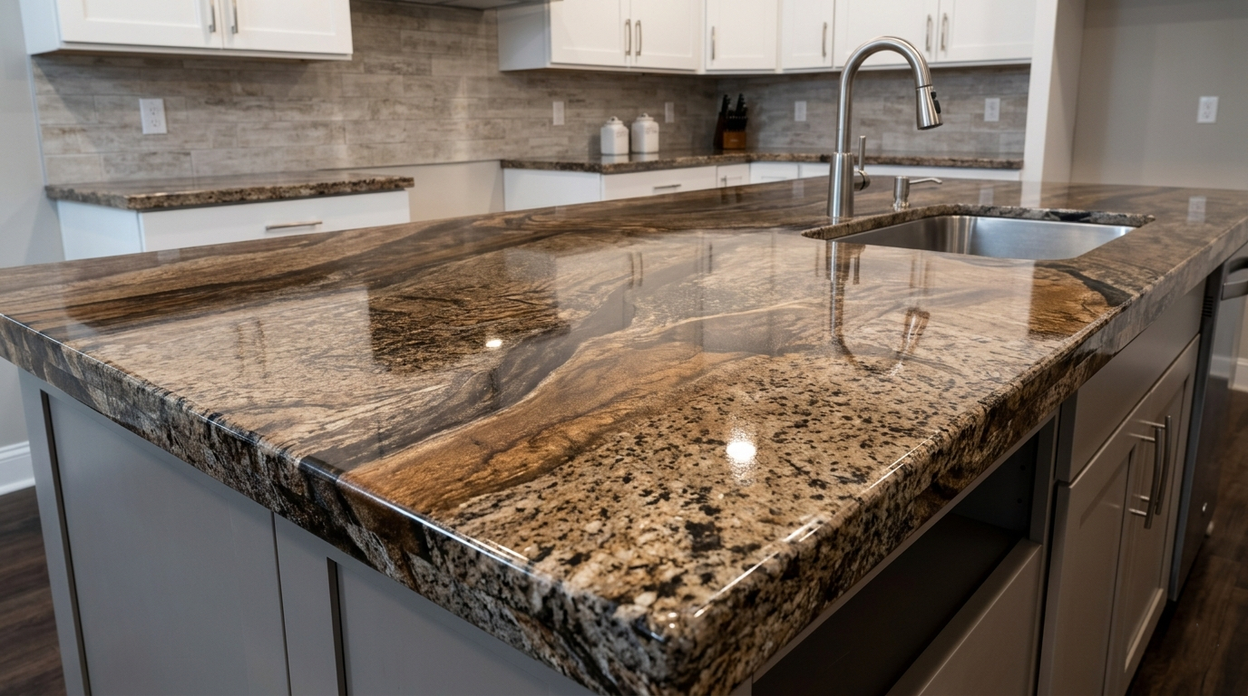 Detailed close-up of a seamless epoxy kitchen island with an undermount sink, featuring a high-gloss white and grey marble-veined finish in an Atlanta home.