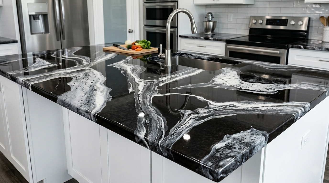 Designer epoxy island countertop with a waterfall edge and integrated sink, handcrafted to mimic natural dark granite for a luxury Atlanta kitchen remodel.