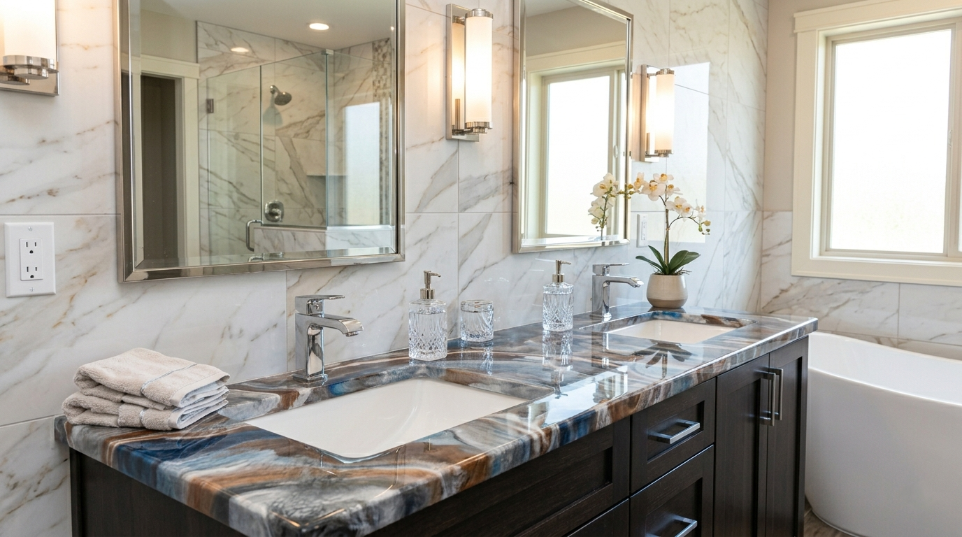 Custom dual-vanity bathroom countertop with a durable, waterproof epoxy overlay in a modern stone-mimic finish by Noble Elegance.