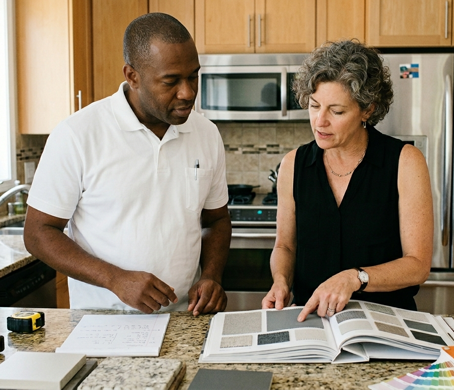 Personalized design consultation with a Noble Elegance expert helping an Atlanta client select custom epoxy colors and finishes from our designer lookbook.