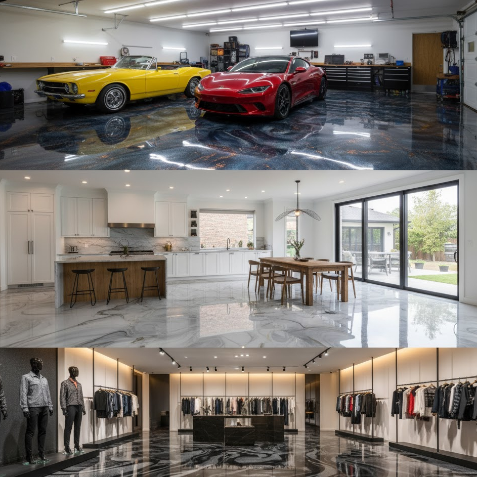 Noble Elegance epoxy flooring gallery: durable flake garage floors, designer kitchen surfaces, and heavy-duty commercial retail flooring in Atlanta.