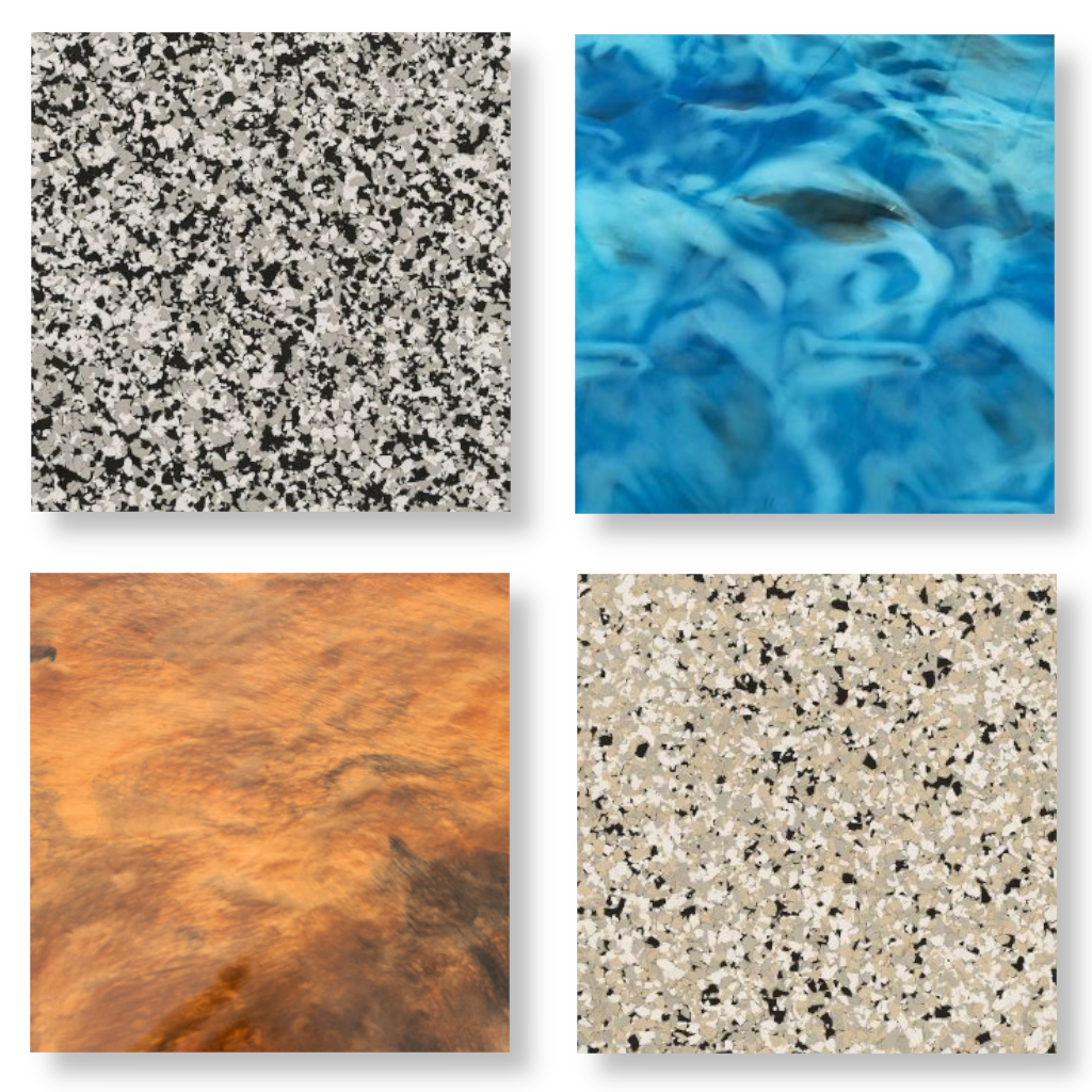 Selection of epoxy flooring samples featuring decorative vinyl flake finishes and high-gloss metallic resin options from Noble Elegance Custom Designs.