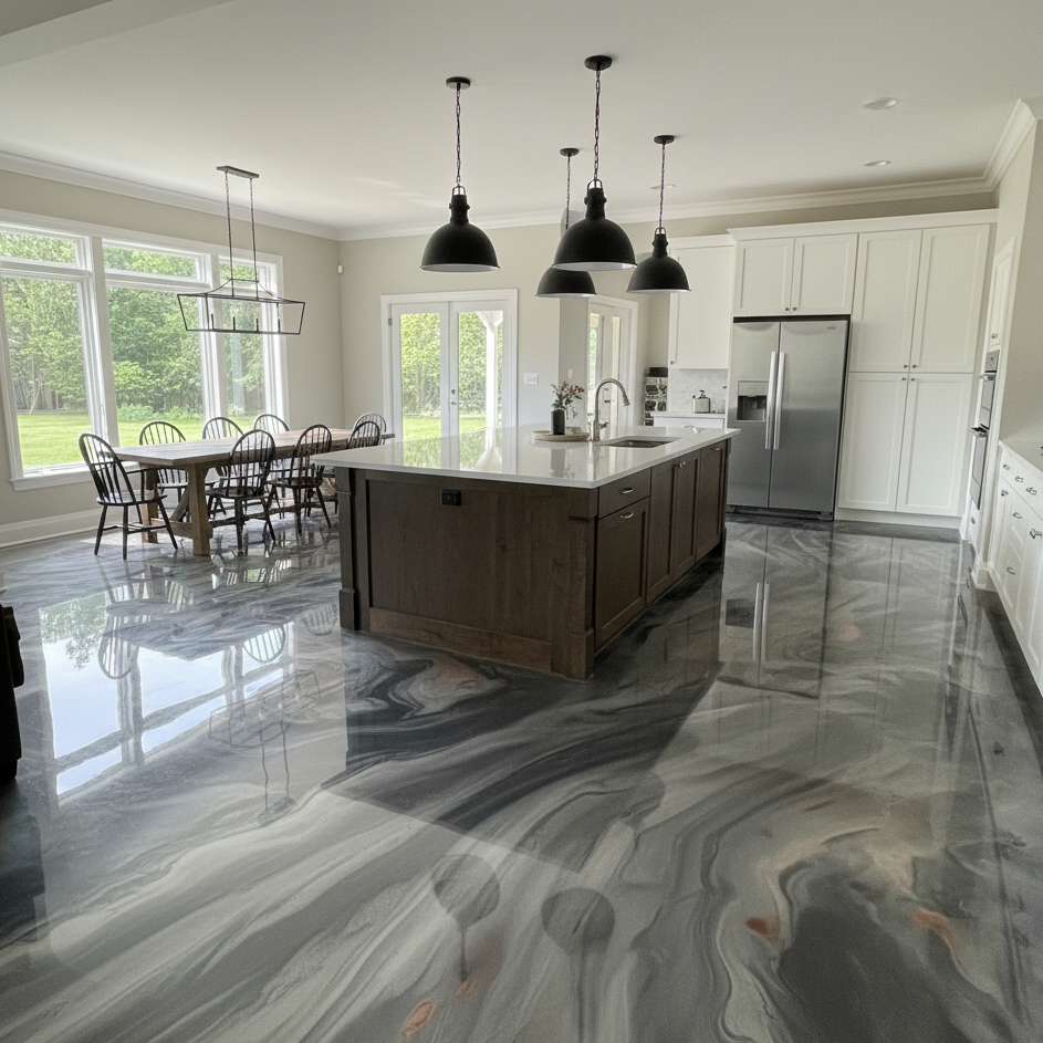 Modern Atlanta kitchen featuring a seamless, high-gloss white and grey marble-effect epoxy floor by Noble Elegance.