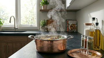 Durability test showing a steaming hot pot placed directly on a heat-resistant concrete overlay countertop in an Atlanta residential kitchen.