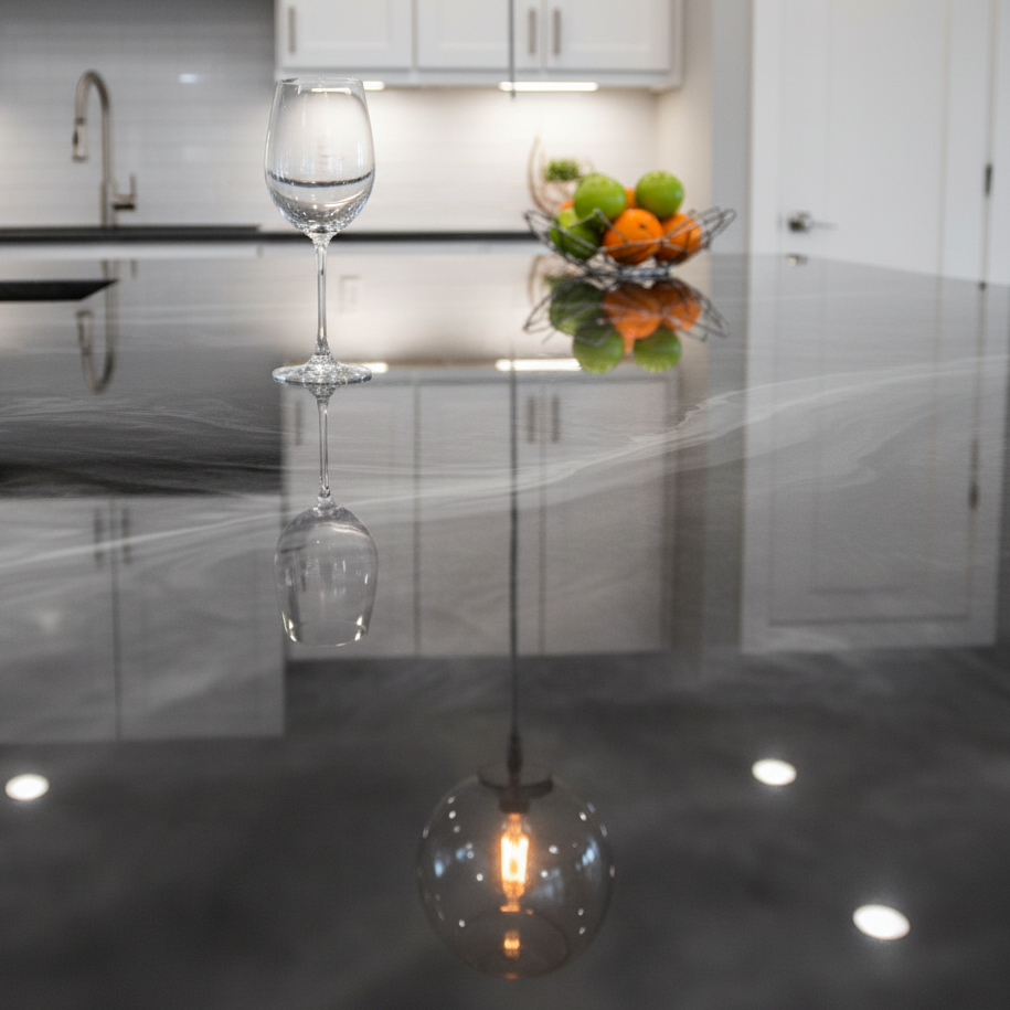 Completed custom epoxy kitchen island showcasing a flawless high-gloss protective topcoat and vibrant artistic depth by Noble Elegance.