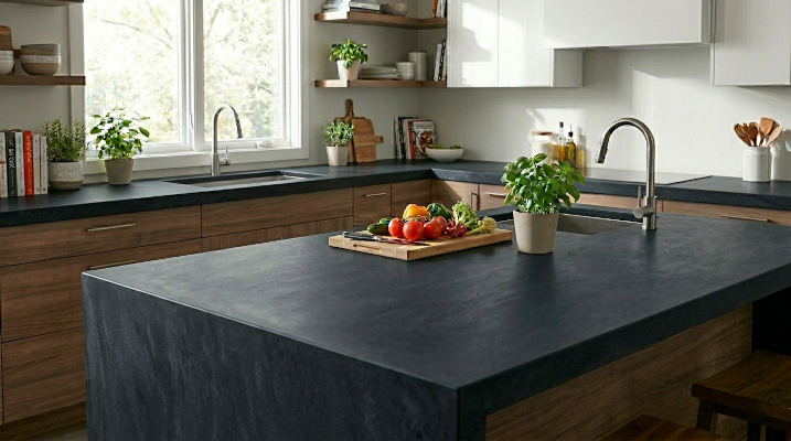 Modern Atlanta kitchen featuring a dark gray hand-troweled concrete overlay on the island and perimeter countertops for an industrial-chic aesthetic.