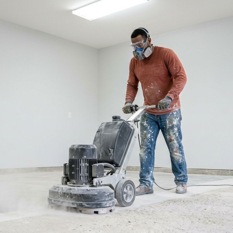 Professional concrete floor preparation using an industrial diamond grinder to ensure maximum epoxy adhesion for an Atlanta garage project.