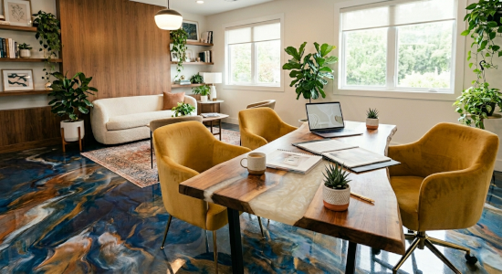 Modern office interior featuring a custom live-edge wooden desk with a clear resin inlay, paired with a vibrant multi-colored metallic epoxy floor and natural wood accents for an inspiring workspace by Noble Elegance.