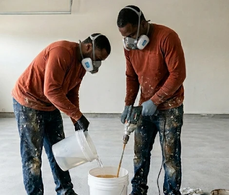 Professional installers from Noble Elegance Custom Designs carefully mixing high-grade industrial epoxy for an Atlanta project.