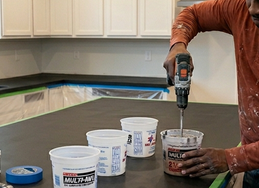 Noble Elegance installer precisely mixing high-performance resin on-site for a seamless kitchen island epoxy overlay in the Greater Atlanta area.