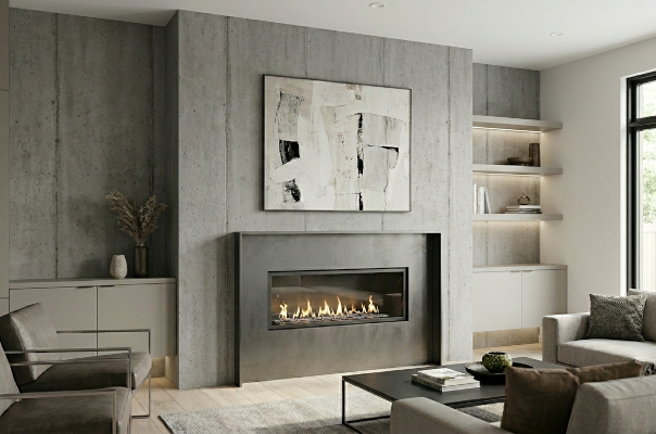 Modern Atlanta living room featuring a seamless floor-to-ceiling concrete wall overlay surrounding a contemporary fireplace for a high-end industrial look.