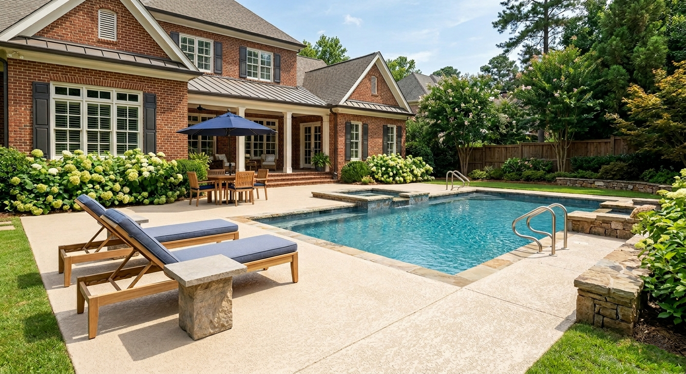 Luxurious backyard oasis in Atlanta featuring a custom-textured pool deck in a light sand-tone finish, surrounding a pristine swimming pool and integrated spa with lush landscaping by Noble Elegance.